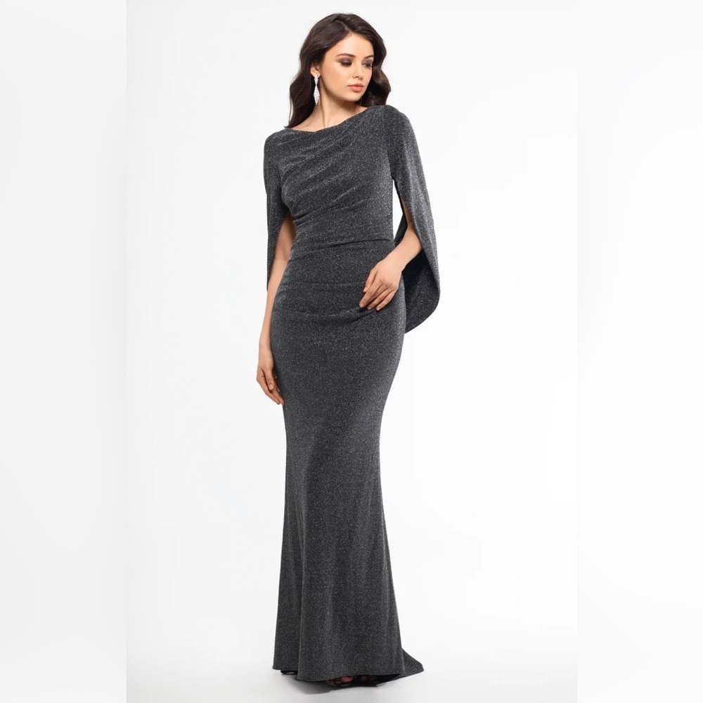Betsy and Adam “Jenna” Long Metallic Gown Draped Back in Black/Silver